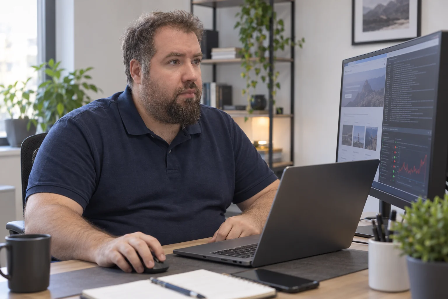 Imagen ilustrativa de un asesor revisando una web en un ordenador de oficina.