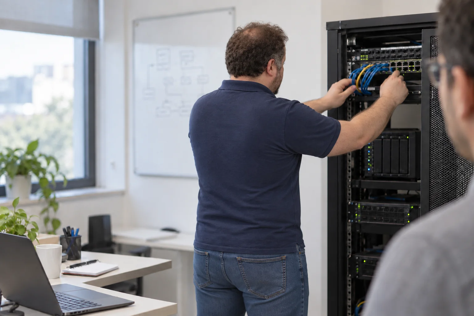 Imagen ilustrativa de un técnico de espaldas comprobando cables en un rack de red
