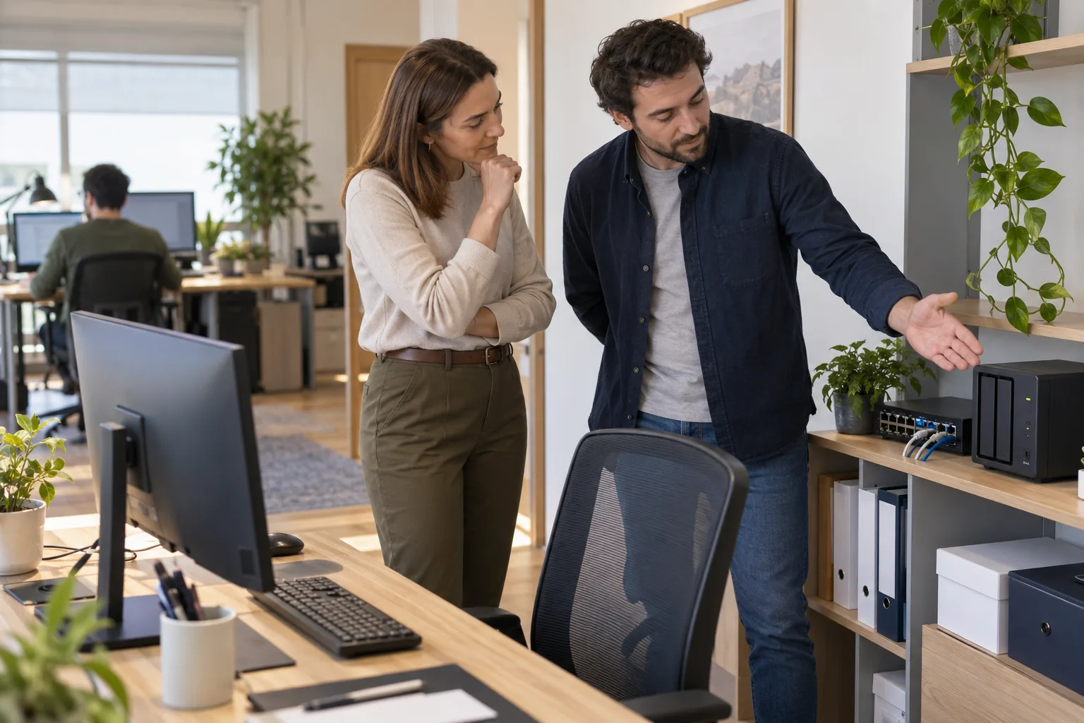 Escena ilustrativa de revisión de equipos, red y almacenamiento en una oficina empresarial