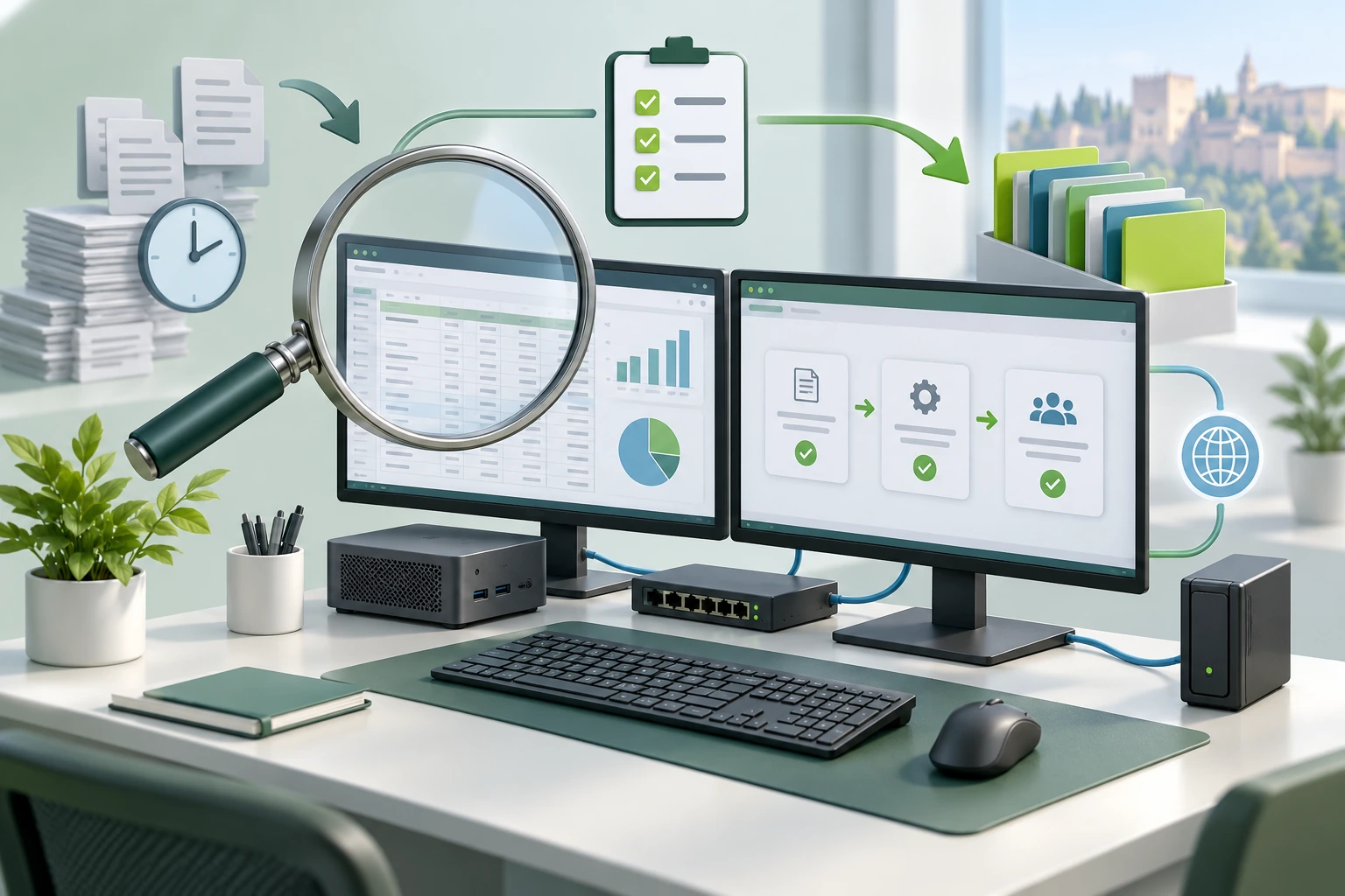 Ilustración de una auditoría tecnológica con doble monitor, teclado, ratón, equipos de red, lupa y un flujo de trabajo organizado