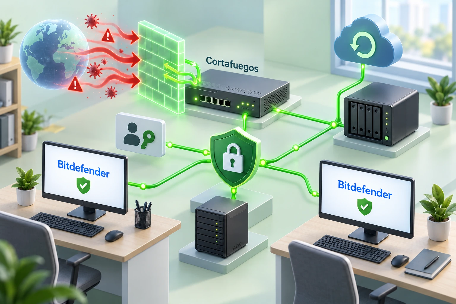 Ilustración de equipos protegidos con Bitdefender, cortafuegos, control de accesos, NAS y recuperación de copias de seguridad