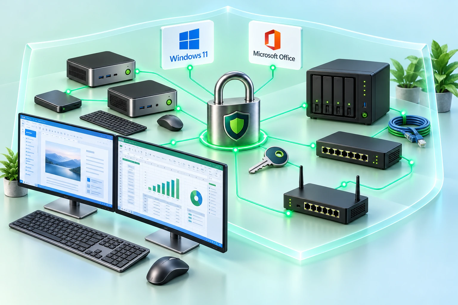 Ilustración de una red empresarial con mini PC, monitores, teclados, ratones, NAS y licencias de Windows 11 y Microsoft Office conectados a un candado con llave